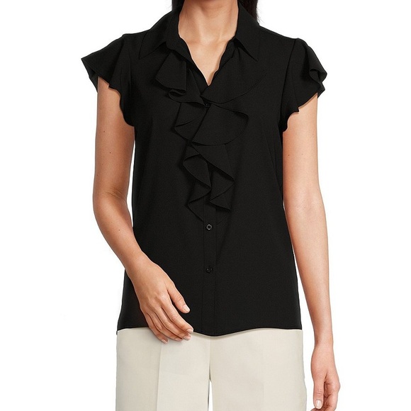 Calvin Klein Georgette Ruffle-Front Point Collar Short Sleeve Top - Picture 2 of 3